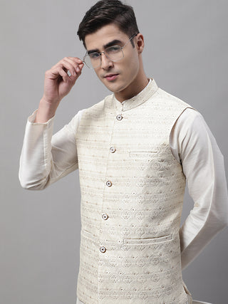 Men off-White Solid Kurta Pyjama with  Cream Woven Design Nehru Jacket