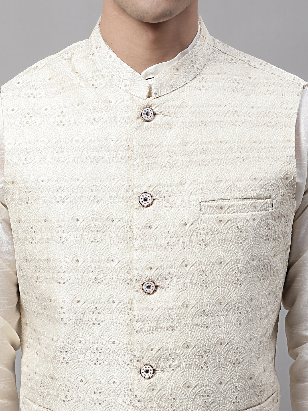 Men off-White Solid Kurta Pyjama with  Cream Woven Design Nehru Jacket