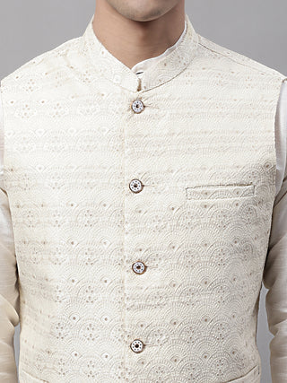 Men off-White Solid Kurta Pyjama with  Cream Woven Design Nehru Jacket