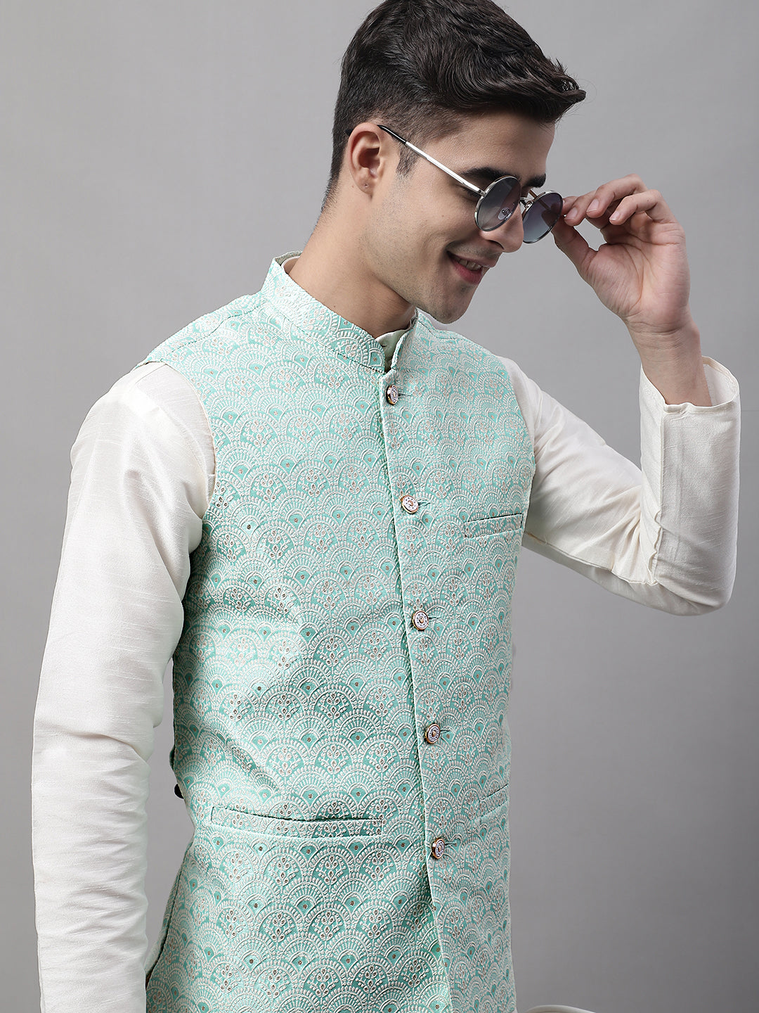 Men off-White Solid Kurta Pyjama with  Sky Blue Woven Design Nehru Jacket