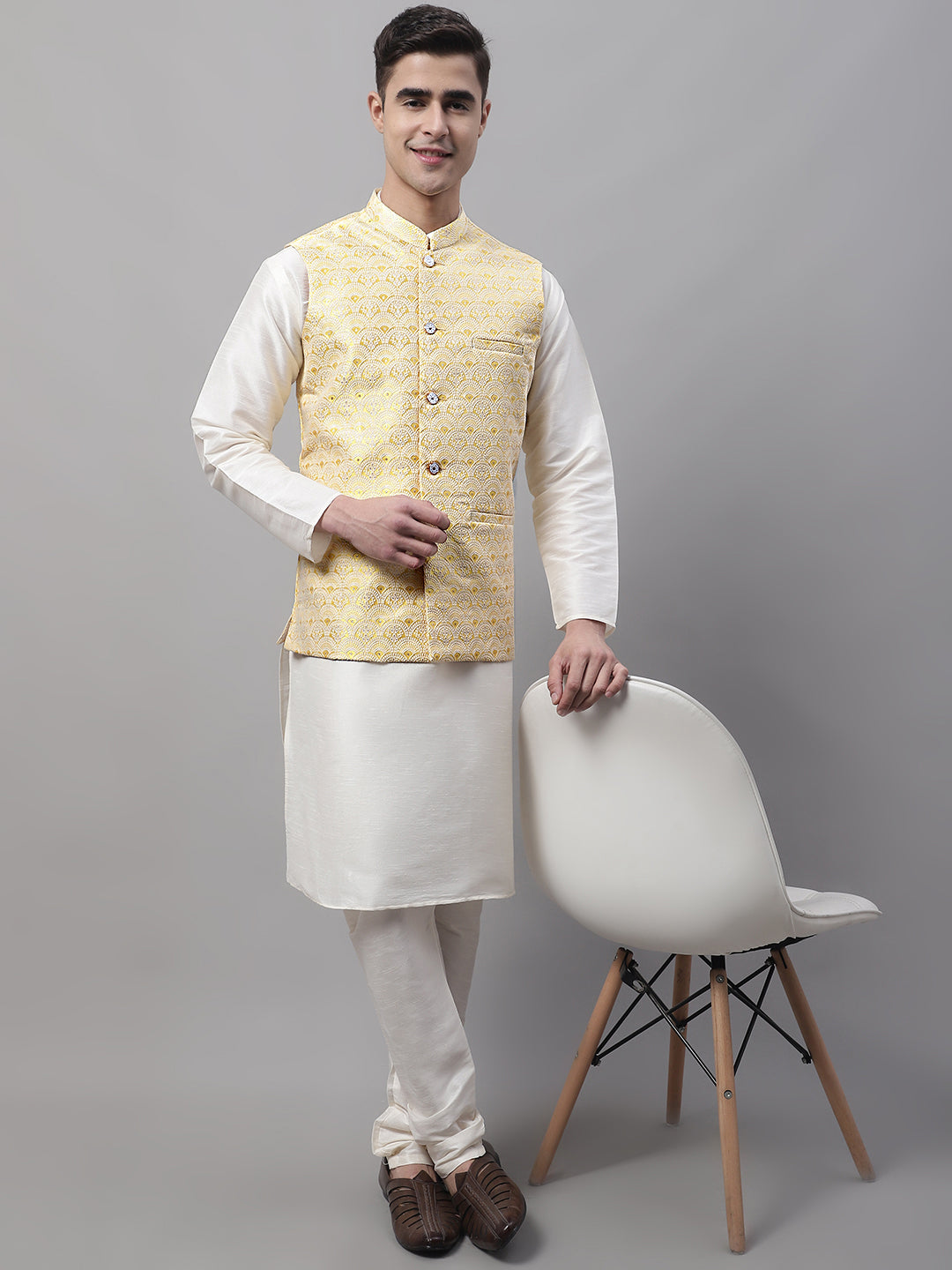 Men off-White Solid Kurta Pyjama with  Yellow Woven Design Nehru Jacket