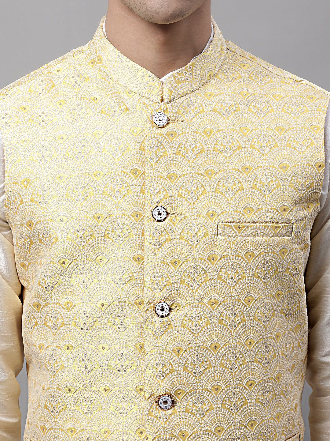 Men off-White Solid Kurta Pyjama with  Yellow Woven Design Nehru Jacket