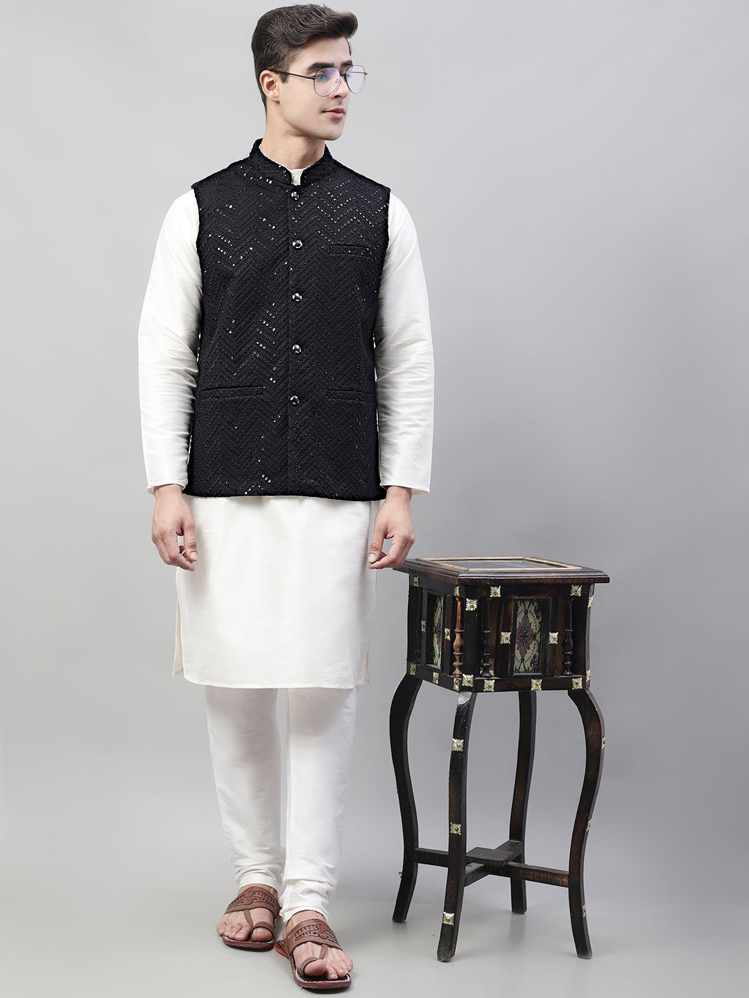 White Kurta Pajama Black Koti Churidar White Kurta Pajama Black