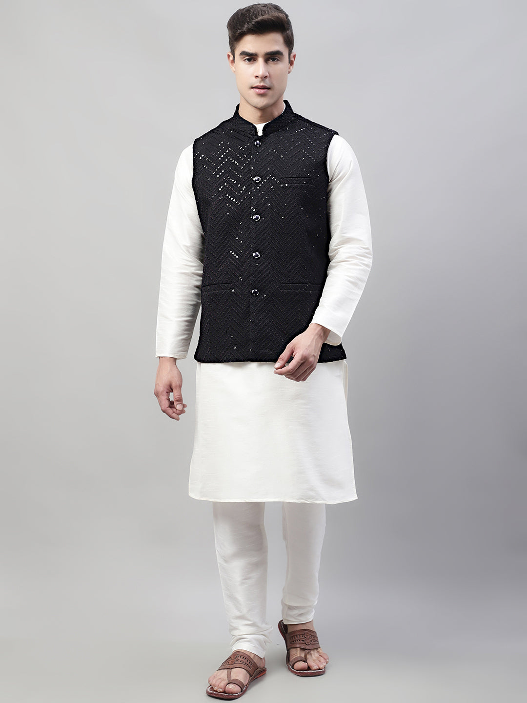 Men White Solid Kurta Pyjama with  Black Embroidered Nehru Jacket