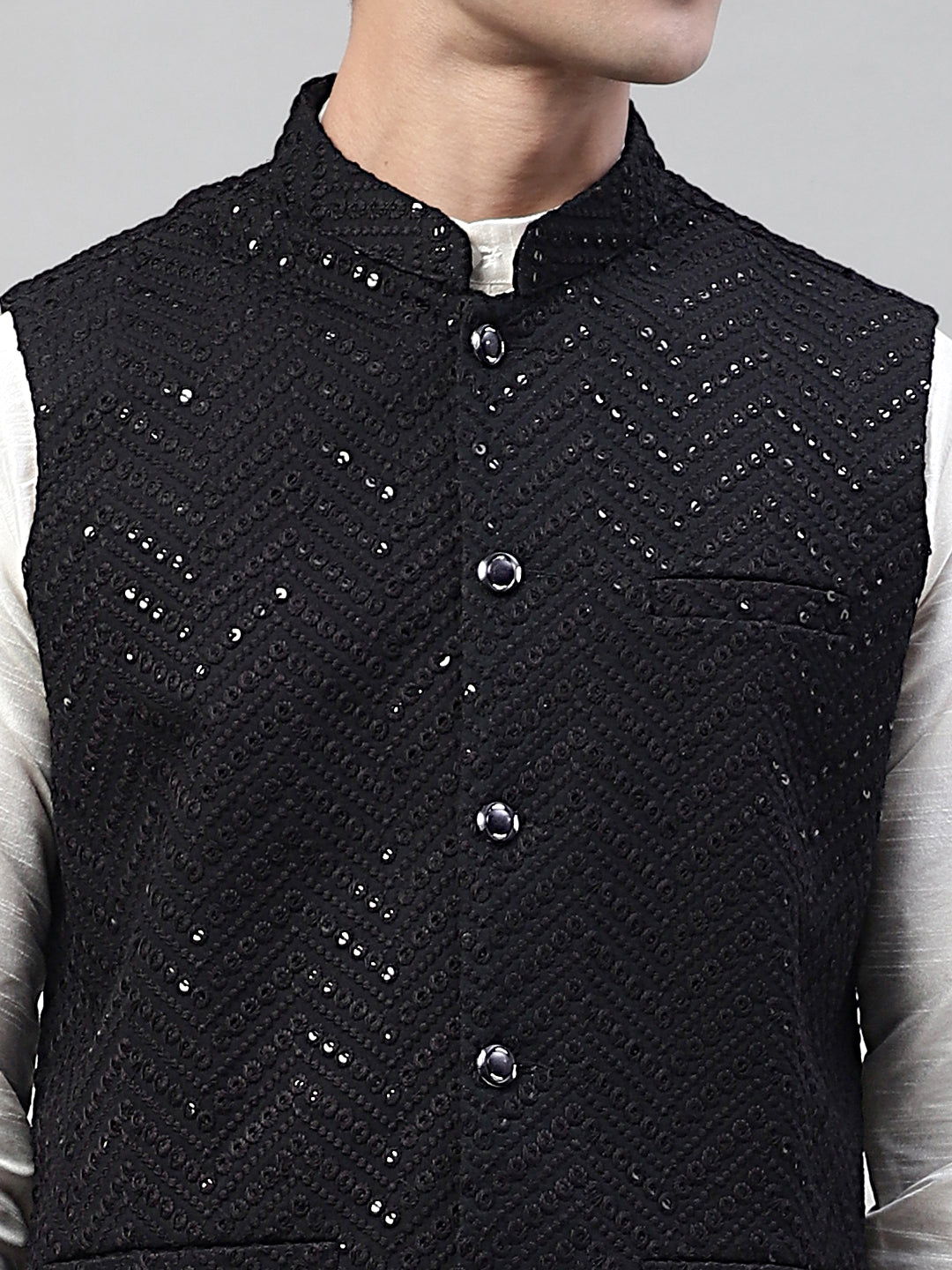 Men White Solid Kurta Pyjama with  Black Embroidered Nehru Jacket