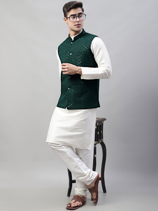 Men White Solid Kurta Pyjama with  Olive Green Embroidered Nehru Jacket