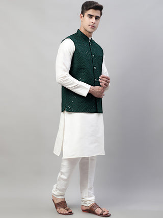 Men White Solid Kurta Pyjama with  Olive Green Embroidered Nehru Jacket
