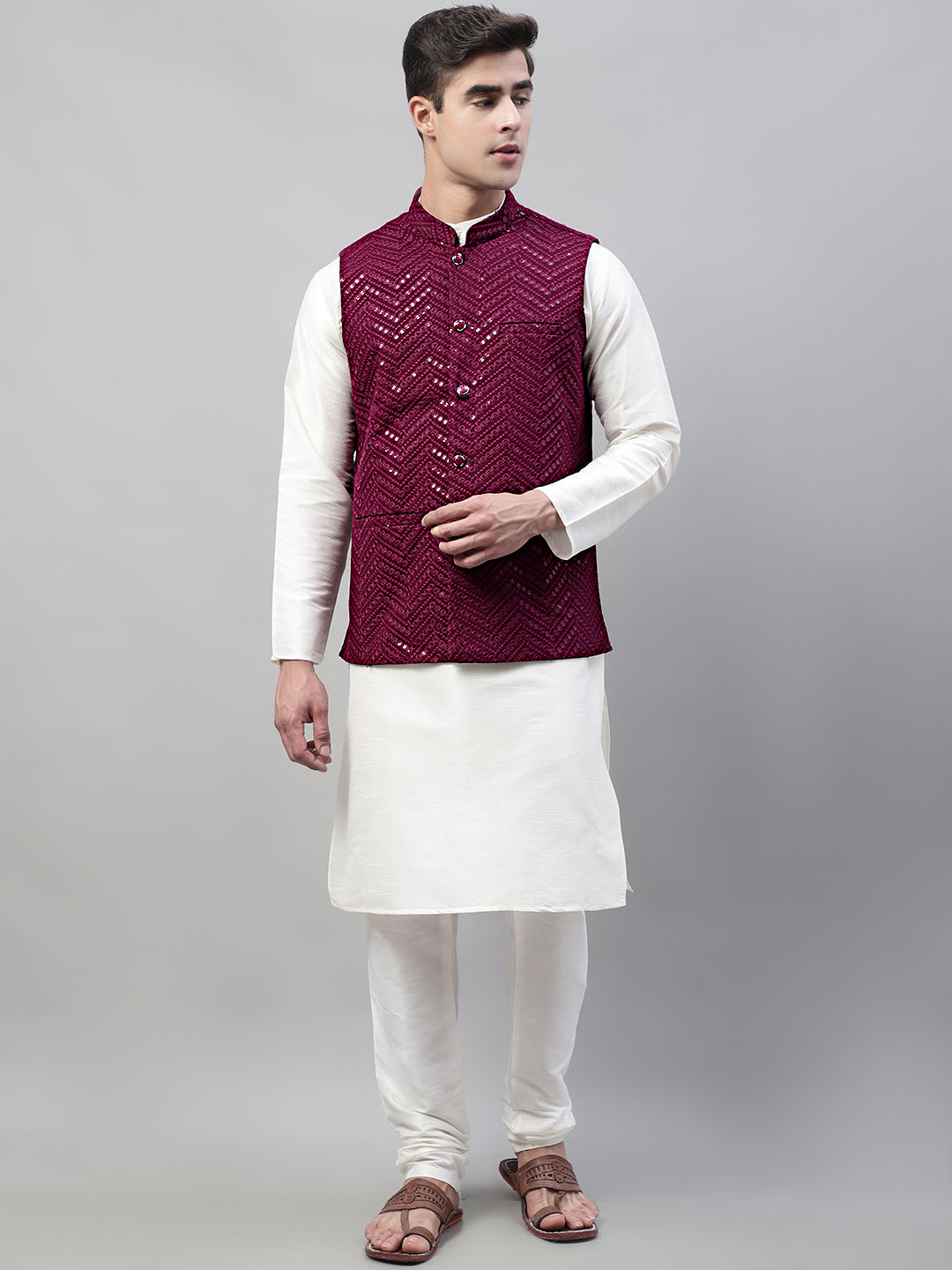Men White Solid Kurta Pyjama with  Purple Embroidered Nehru Jacket