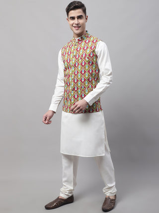 Men off-White Solid Kurta Pyjama with  Olive Printed Nehru Jacket