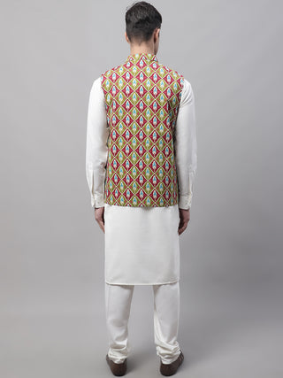 Men off-White Solid Kurta Pyjama with  Olive Printed Nehru Jacket