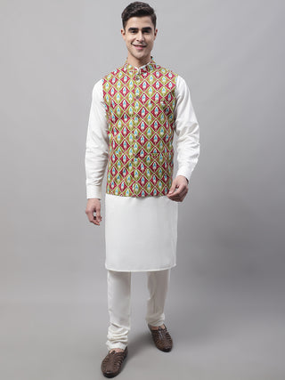 Men off-White Solid Kurta Pyjama with  Olive Printed Nehru Jacket