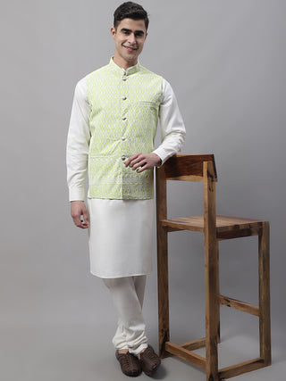 Men off-White Solid Kurta Pyjama with  Green Embroidered Nehru Jacket