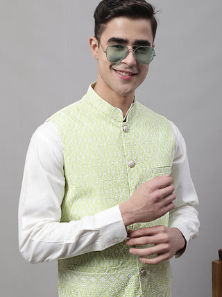 Men off-White Solid Kurta Pyjama with  Green Embroidered Nehru Jacket