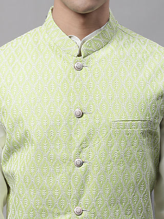 Men off-White Solid Kurta Pyjama with  Green Embroidered Nehru Jacket