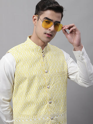 Men off-White Solid Kurta Pyjama with  Yellow Embroidered Nehru Jacket