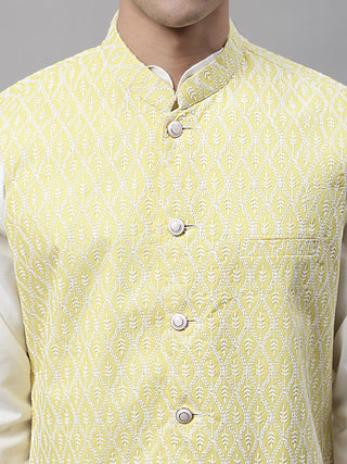 Men off-White Solid Kurta Pyjama with  Yellow Embroidered Nehru Jacket