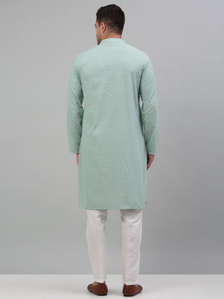 Men's Green Chikankari Embroidered and Sequence Kurta with Pyjama.