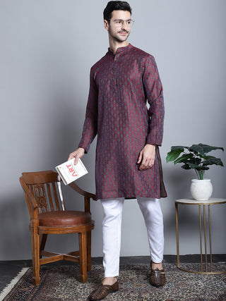 Men Maroon Woven Design Kurta with Pyjamas