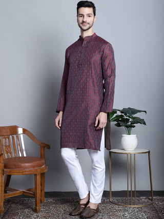 Men Maroon Woven Design Kurta with Pyjamas