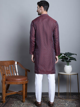 Men Maroon Woven Design Kurta with Pyjamas