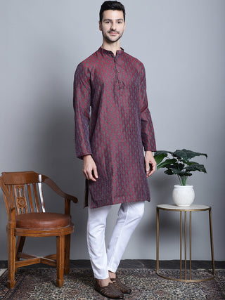 Men Maroon Woven Design Kurta with Pyjamas