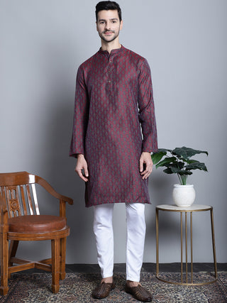 Men Maroon Woven Design Kurta with Pyjamas