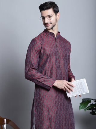 Men Maroon Woven Design Kurta with Pyjamas