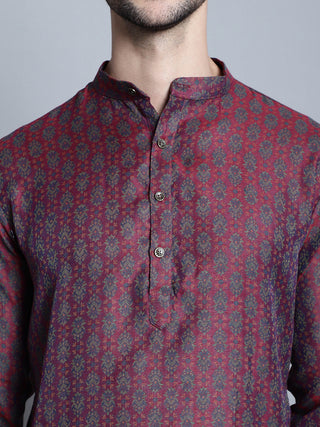 Men Maroon Woven Design Kurta with Pyjamas