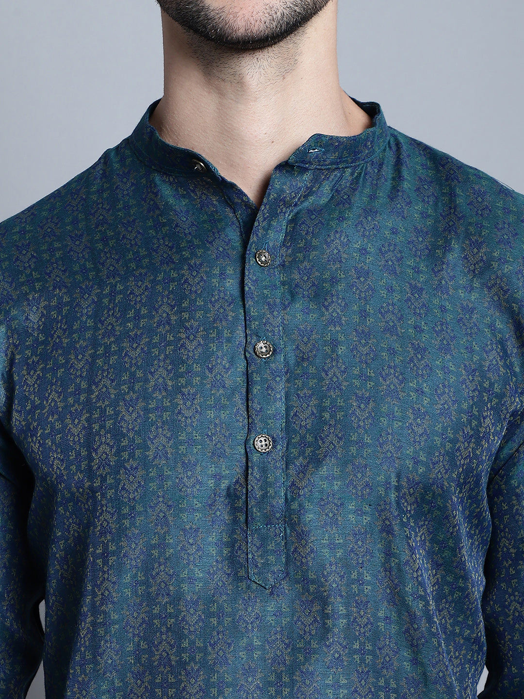 Men Navy Blue Woven Design Kurta with Pyjamas