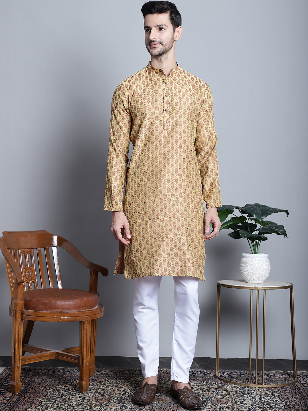 Men Yellow Woven Design Kurta with Pyjamas