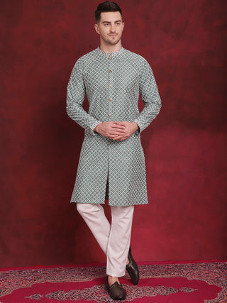 Men's Sequin Chikankari Front Open Kurta With Pyjamas