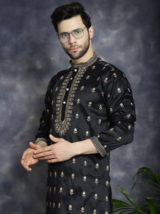 Men's Black Chikankari Embroidered Kurta With Pyjama