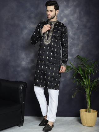 Men's Black Chikankari Embroidered Kurta With Pyjama