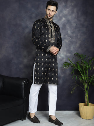 Men's Black Chikankari Embroidered Kurta With Pyjama