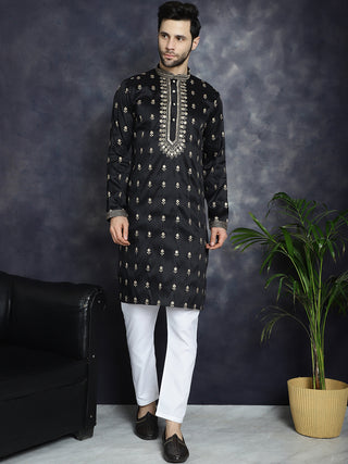 Men's Black Chikankari Embroidered Kurta With Pyjama