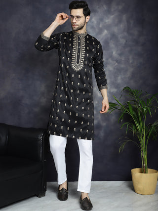 Men's Black Chikankari Embroidered Kurta With Pyjama