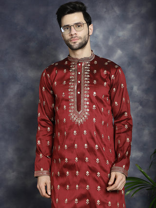 Men's Maroon Chikankari Embroidered Kurta With Pyjama