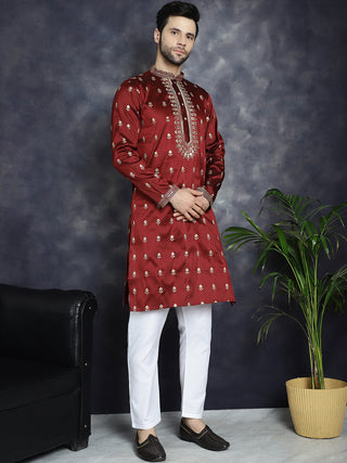 Men's Maroon Chikankari Embroidered Kurta With Pyjama