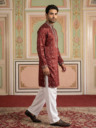 Silk Blend Embroidered Kurta Set for Men