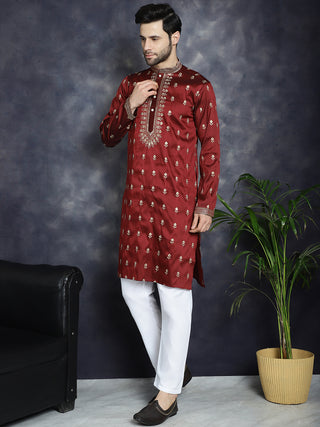 Men's Maroon Chikankari Embroidered Kurta With Pyjama