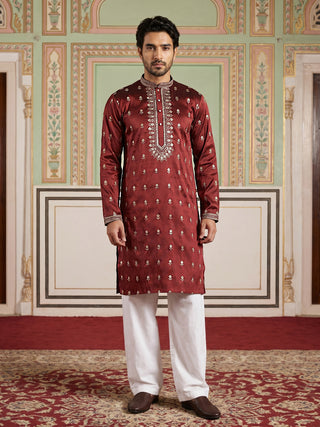 Silk Blend Embroidered Kurta Set for Men