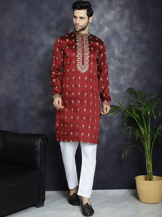 Men's Maroon Chikankari Embroidered Kurta With Pyjama