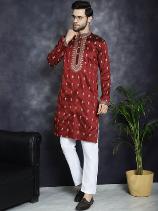 Men's Maroon Chikankari Embroidered Kurta With Pyjama