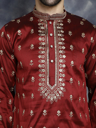 Men's Maroon Chikankari Embroidered Kurta With Pyjama