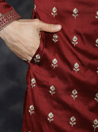 Men's Maroon Chikankari Embroidered Kurta With Pyjama