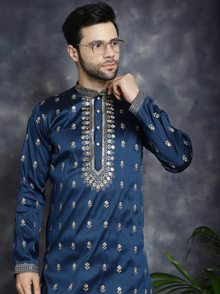 Men's Navy Blue Chikankari Embroidered Kurta With Pyjama