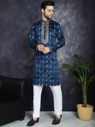 Men's Navy Blue Chikankari Embroidered Kurta With Pyjama