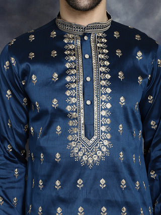 Men's Navy Blue Chikankari Embroidered Kurta With Pyjama