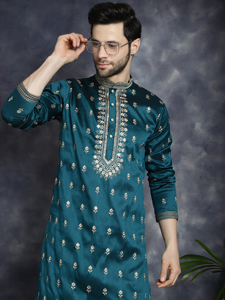 Men's Peacock Blue Chikankari Embroidered Kurta With Pyjama