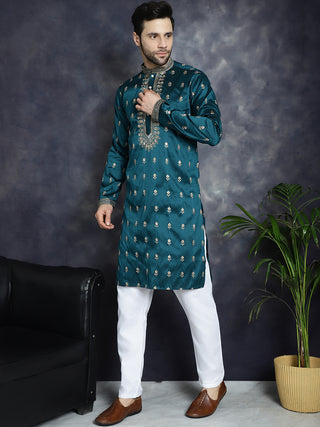 Men's Peacock Blue Chikankari Embroidered Kurta With Pyjama